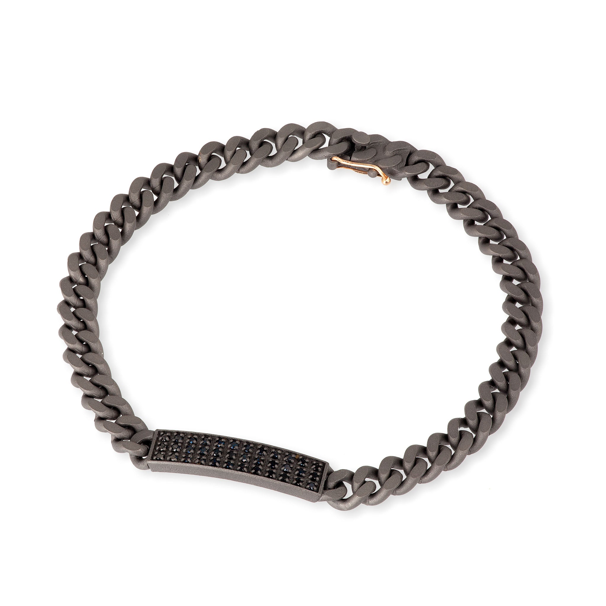 BRACCIALE UOMO IN TITANIO, TARGHETTA CON DIAMANTI BLACK E ORO ROSSO 18KT.