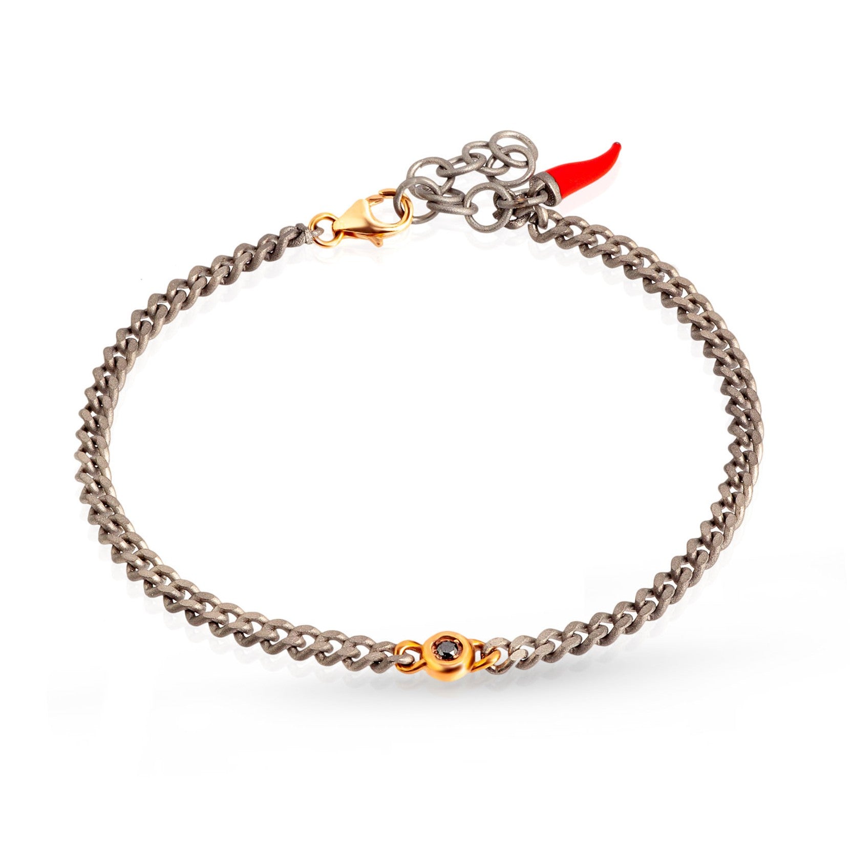 BRACCIALE UOMO IN TITANIO CON PUNTO LUCE, DIAMANTI BLACK E UNA CATENA GROUMETTE, ORO ROSSO 9KT