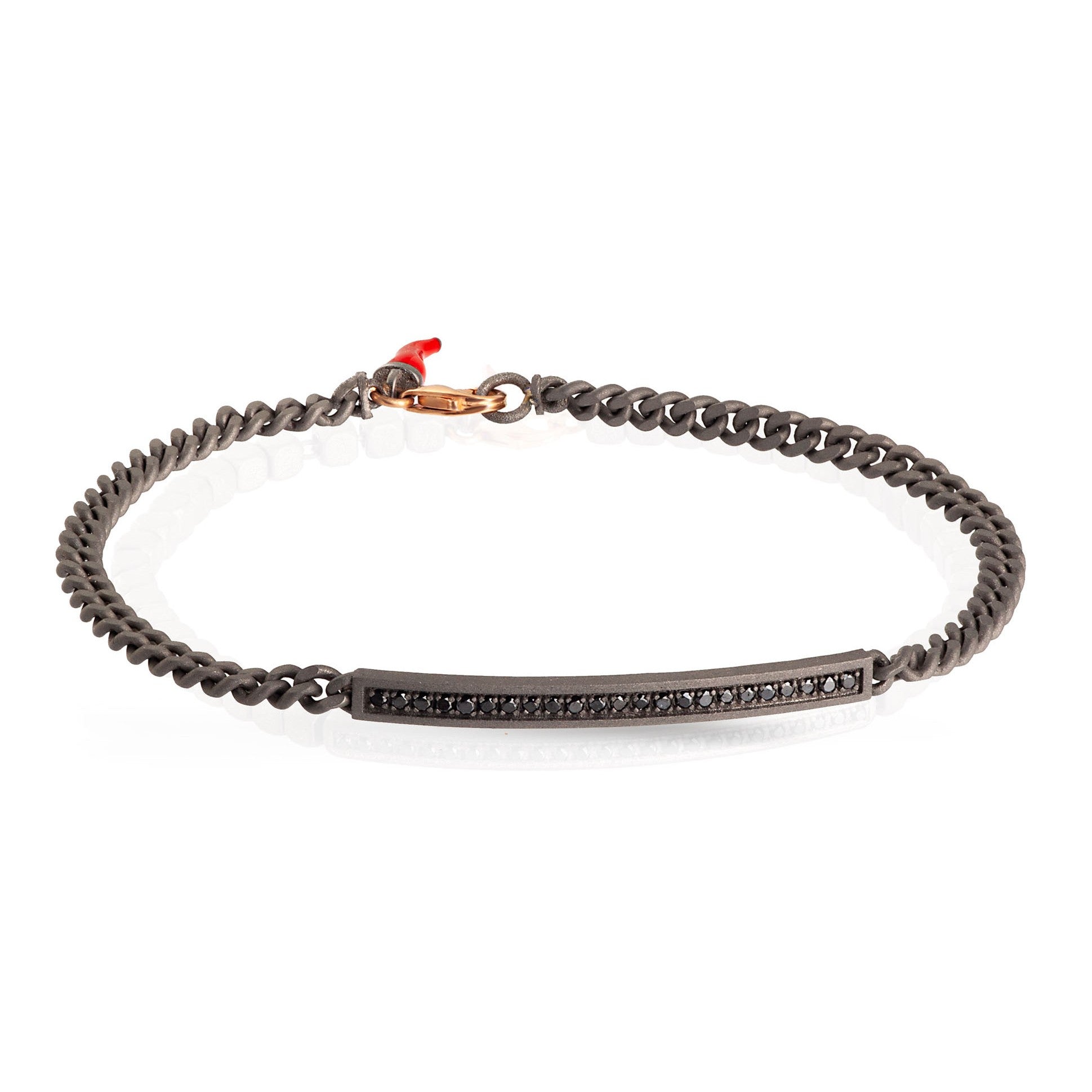 BRACCIALE UOMO IN TITANIO CON BARRETTA, DIAMANTI BLACK CON UNA CATENA GROUMETTE E ORO ROSSO 9KT