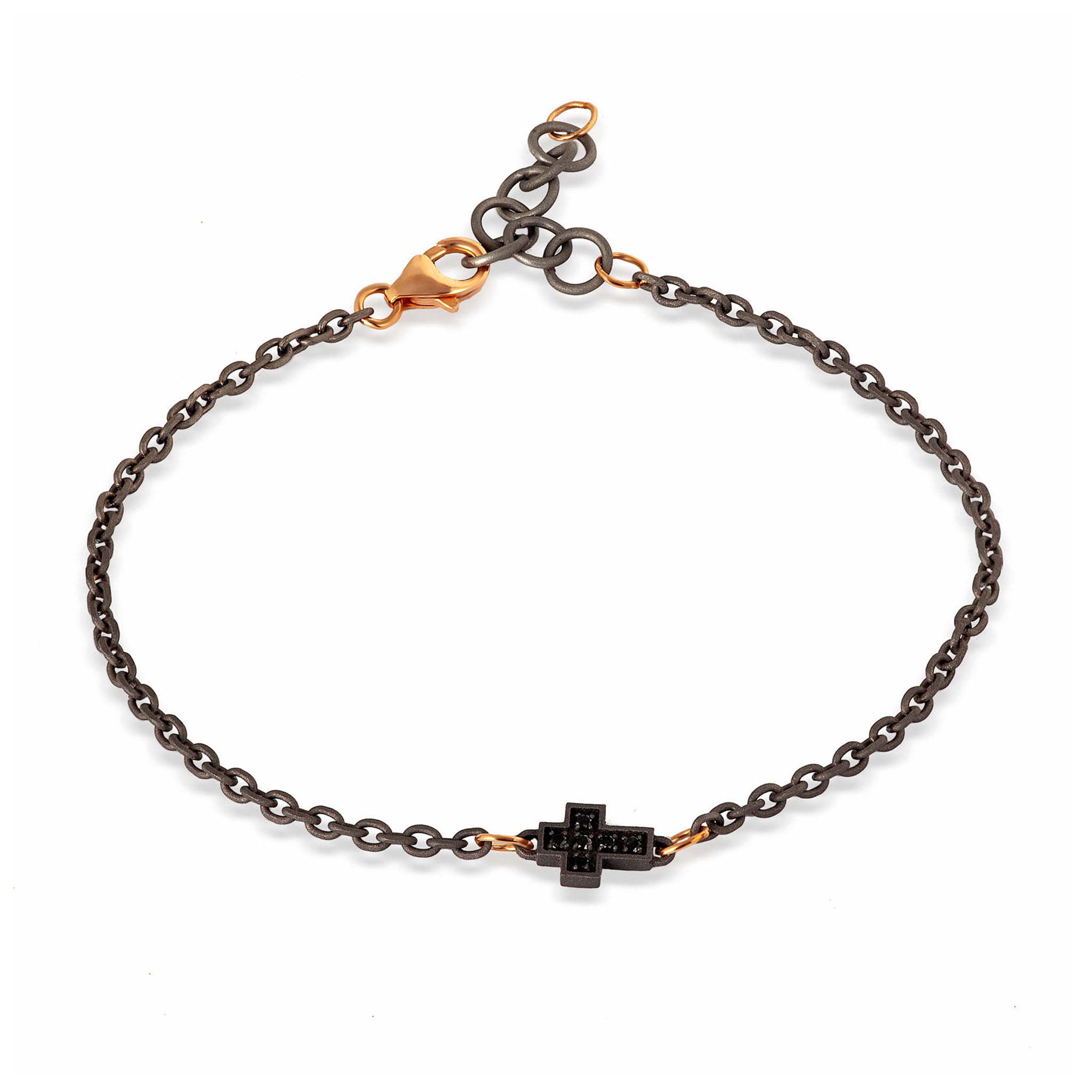 BRACCIALE UOMO 1 CROCE IN TITANIO, DIAMANTI BLACK, ORO ROSSO 9 KT E CATENA.