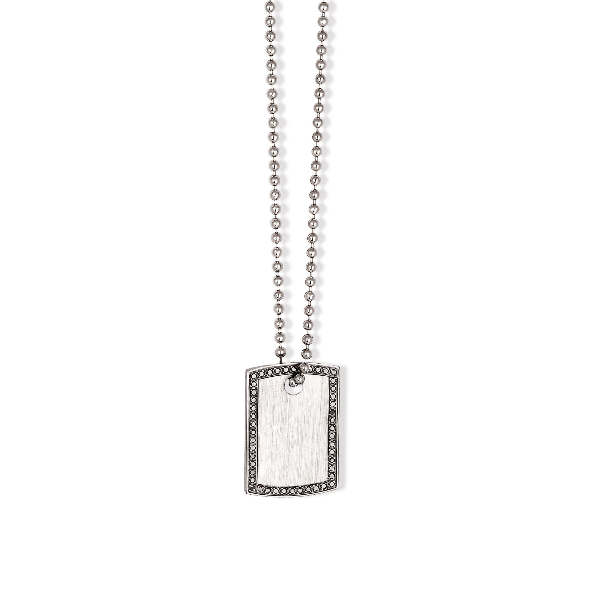 COLLANA UOMO CON TARGHETTA IN ORO BIANCO 9 KT BRUNITO, DIAMANTI BLACK E CATENA IN TITANIO