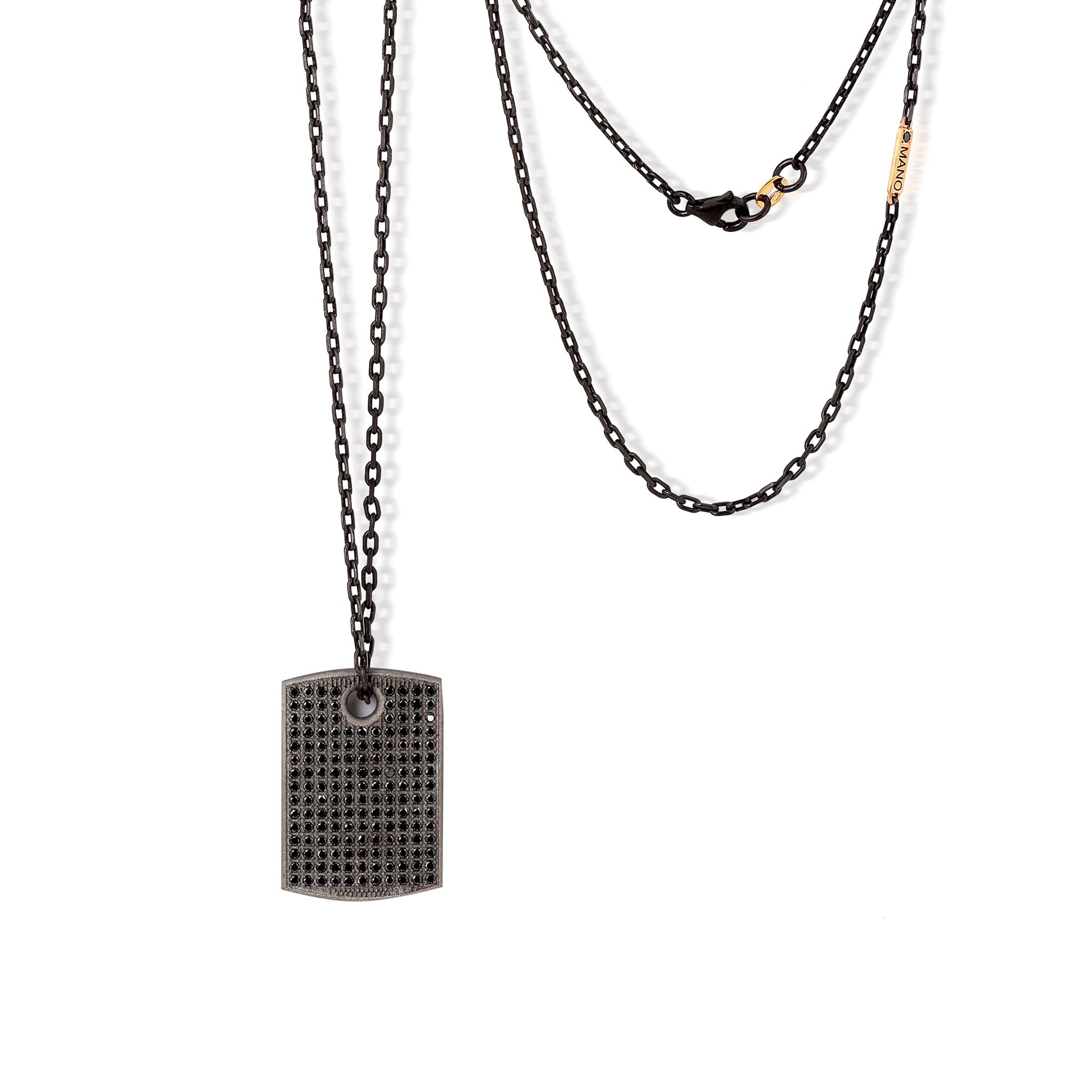 COLLANA CON TARGHETTA  IN TITANIO, DIAMANTI BLACK E ORO ROSSO 9 KT.