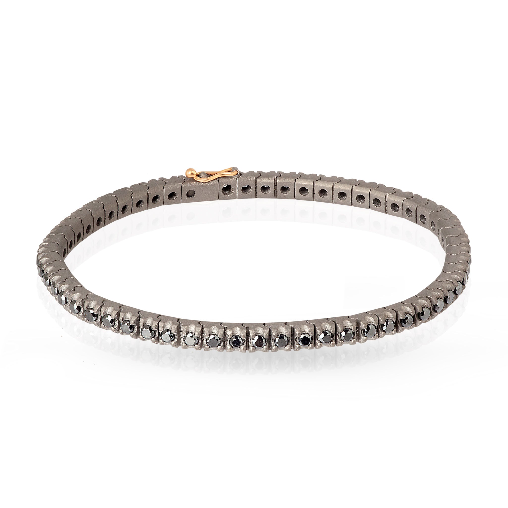 BRACCIALE TENNIS CLASSICO IN TITANIO, ORO ROSSO 18 KT E DIAMANTI BLACK DA 5 PUNTI.