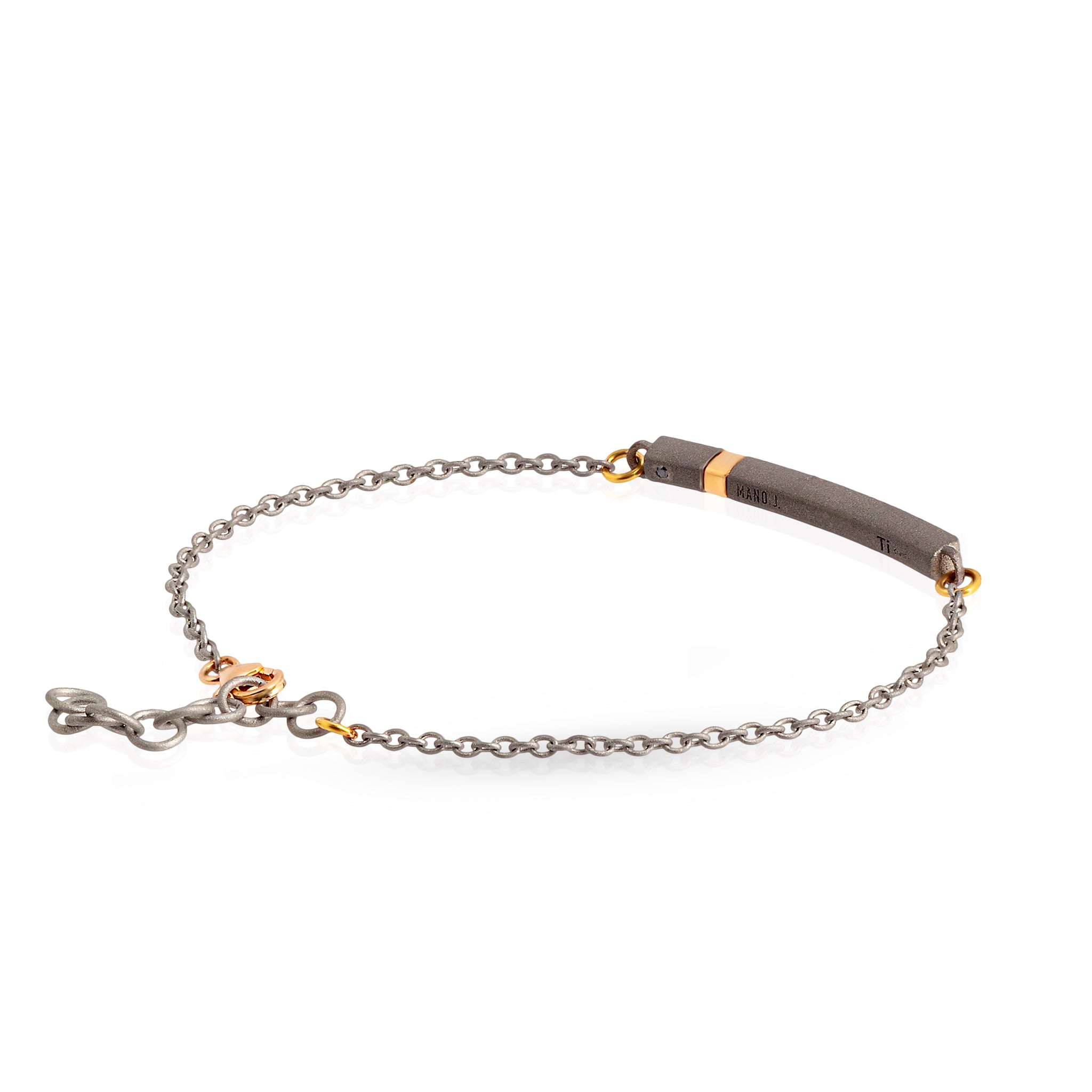 BRACCIALE CON BARRETTA E CATENA, TITANIO,ORO ROSSO 18 KT E DIAMANTI BLACK.