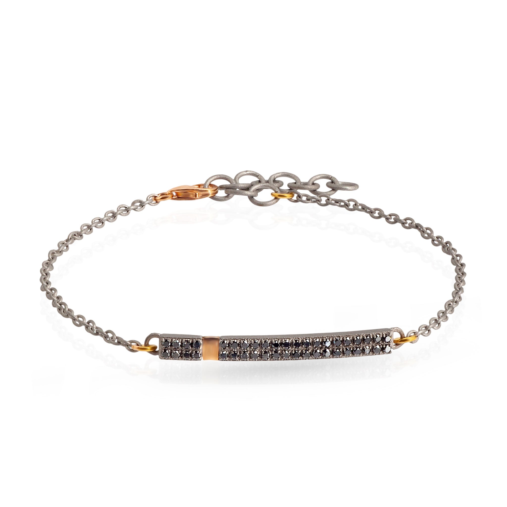 BRACCIALE CON BARRETTA E CATENA, TITANIO,ORO ROSSO 18 KT E DIAMANTI BLACK.