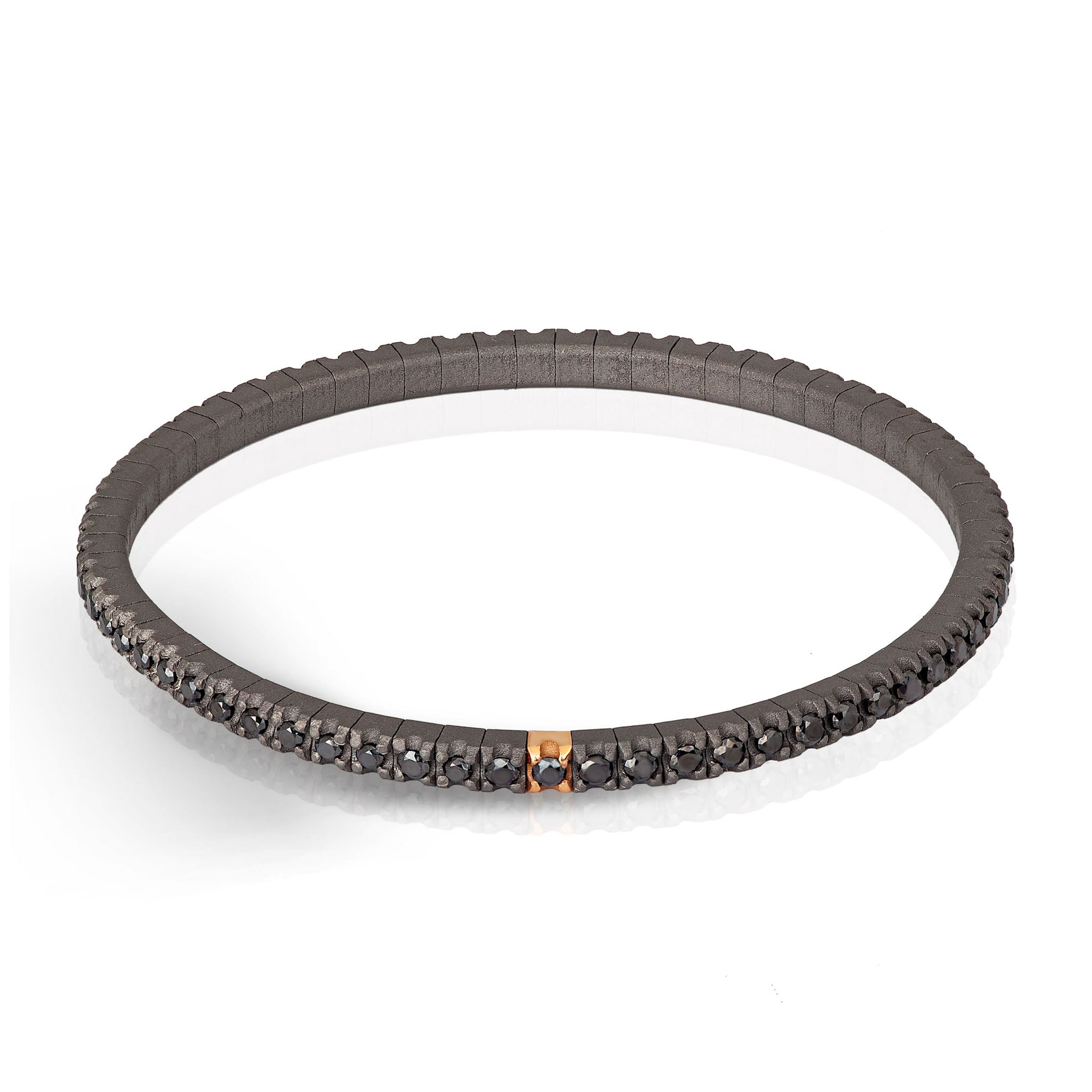 BRACCIALE TENNIS IN TITANIO, ORO ROSSO 18 KT E DIAMANTI BLACK DA 5 PUNTI.